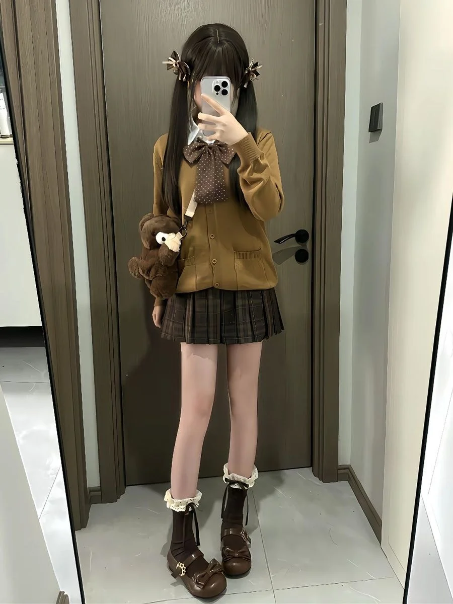 

Autumn Winter Knitted Sweater Cardigan College Sle Basic irt Caramel Croissant Skirt Cherry Blossom Set Women's Faion E...