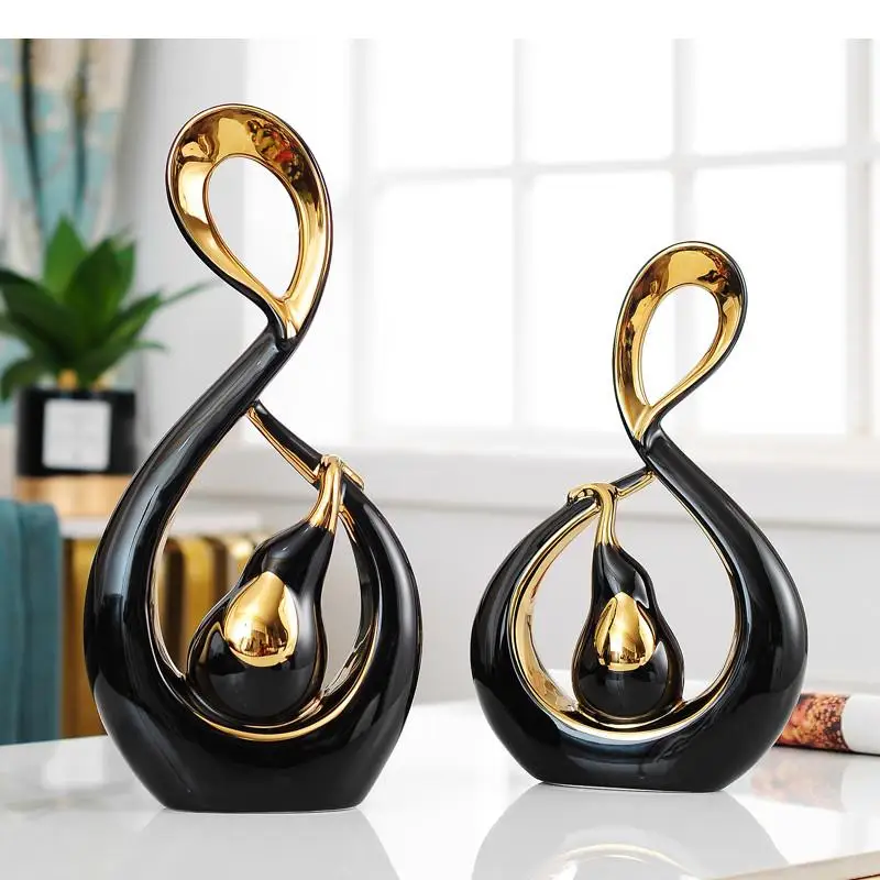 Ceramics Abstract Handicraft Furnishings Gourd Golden Elephant Hollow Out Modern Home Decoration Accessories 2-piece Set