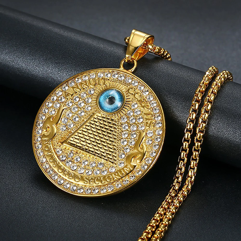 Egyptian Pyramid All See Eye Pendant Necklaces Male Gold Color Stainless Steel Round Necklace For Men Iced Out Egypt Jewelry