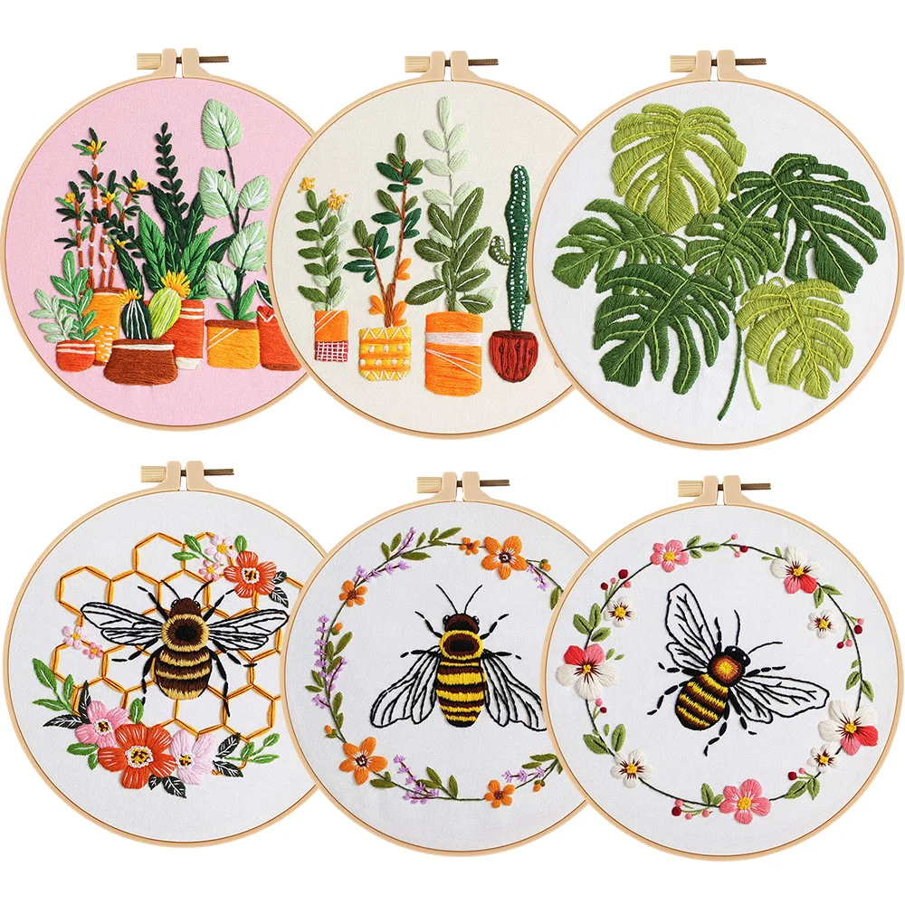 

3pc Green Plants Bee Embroiderys Kit for Beginner Adult Needlepoint Kits DIY Sewing Practice Cross Stitch Kits with 1pc Hoop
