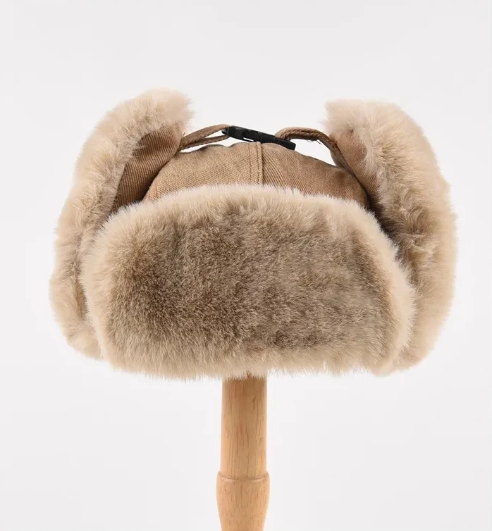 Gorro de bombardero para hombre y mujer, gorro de piel Ushanka ruso grueso y cálido, gorro de invierno a la moda para hombre y mujer, gorro ruso de esquí con orejeras en negro y gris