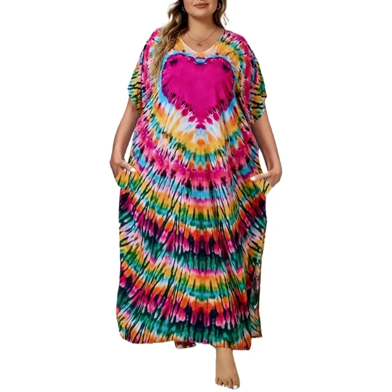 Sukienka damska plus size 1XL-5XL w stylu boho, nowa, z nadrukiem tie-dye, rękawami typu nietoperz, rozcięciem, długa sukienka plażowa.