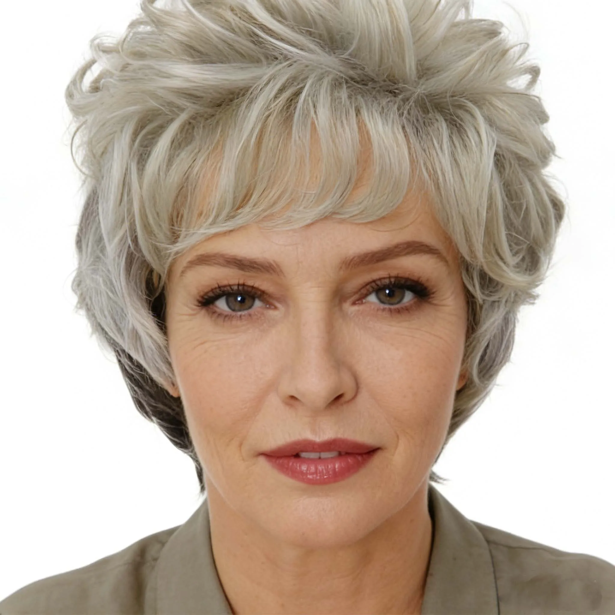 

Short Curly Gray Synthetic Wigs for Women Gradient Silver Grey Soft Wavy Wig with Bangs Natural Looking for Daily Wear Cosplay