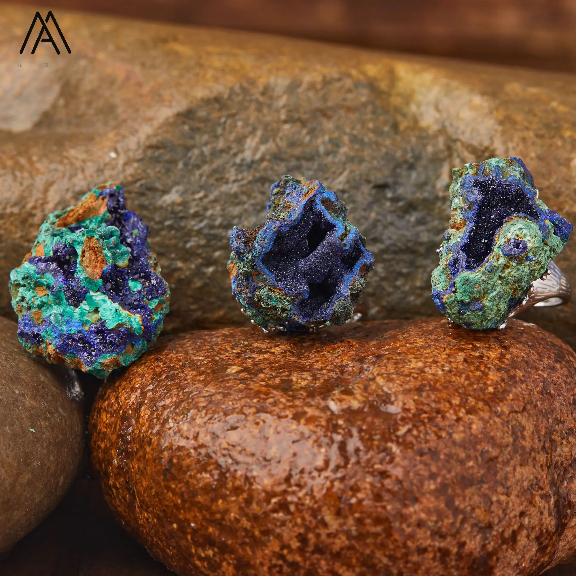 Natürlicher Azurit-Malachit-Geode-Fingerring, verstellbar, vergoldet, versilbert, Ring im Bohemian-Stil, Unisex-Accessoire – Detail 1