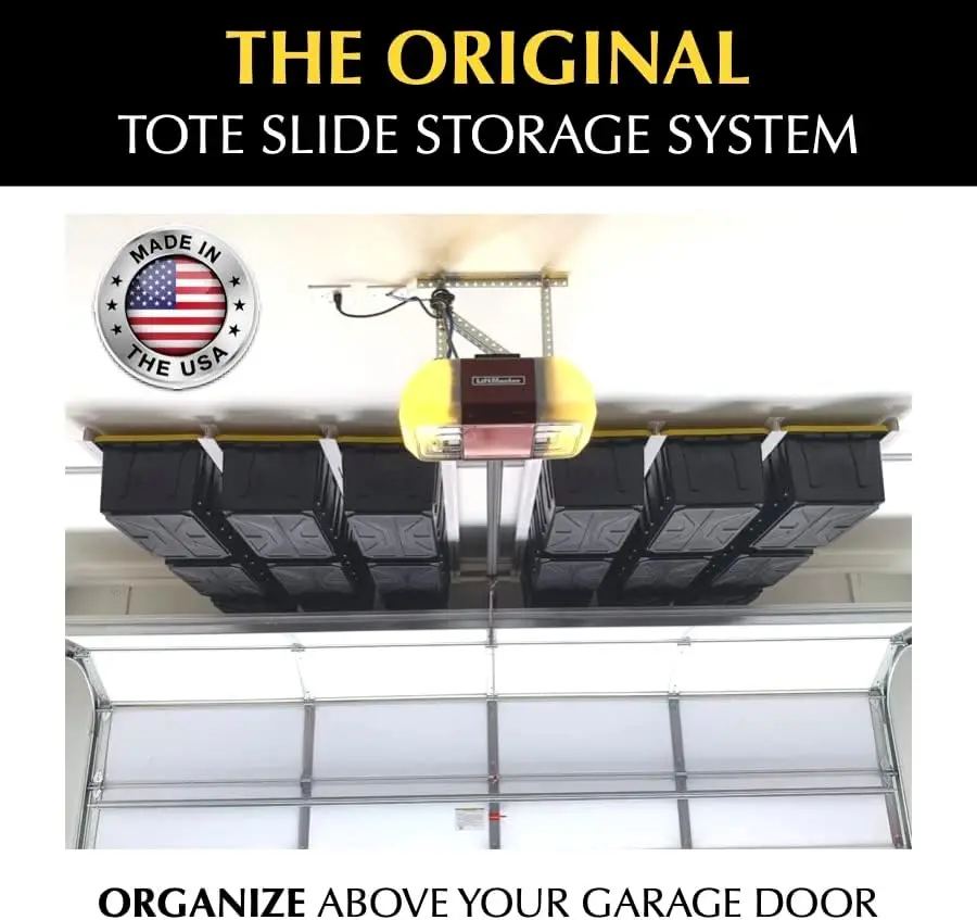 Tote Slide PRO Overhead Garage Storage Rack - Organize Up to 15 Storage Tote Container Bins on The Ceiling