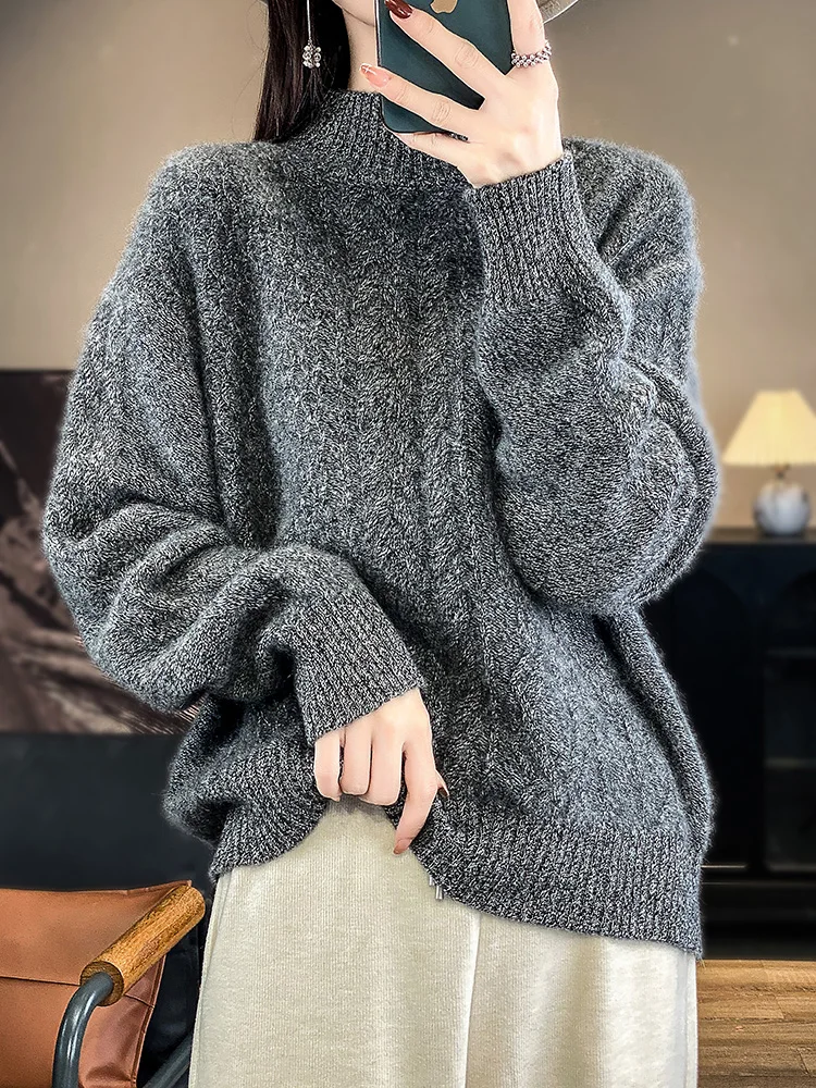 Autumn Winter Women Thick Sweater Mock Neck Pullover Twist Flower 100% Merino Wool Soft Warm Cashmere Knitwear Korean Fashion