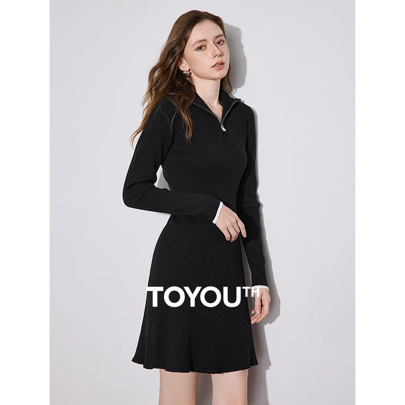 TOYOUTH Women Knitted Dress 2024 Autumn New Zipper Collar Long Sleeve A Line Slim Waist Black Mini Dress