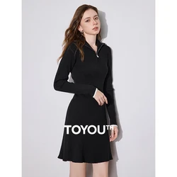 TOYOUTH Women Knitted Dress 2024 Autumn New Zipper Collar Long Sleeve A Line Slim Waist Black Mini Dress