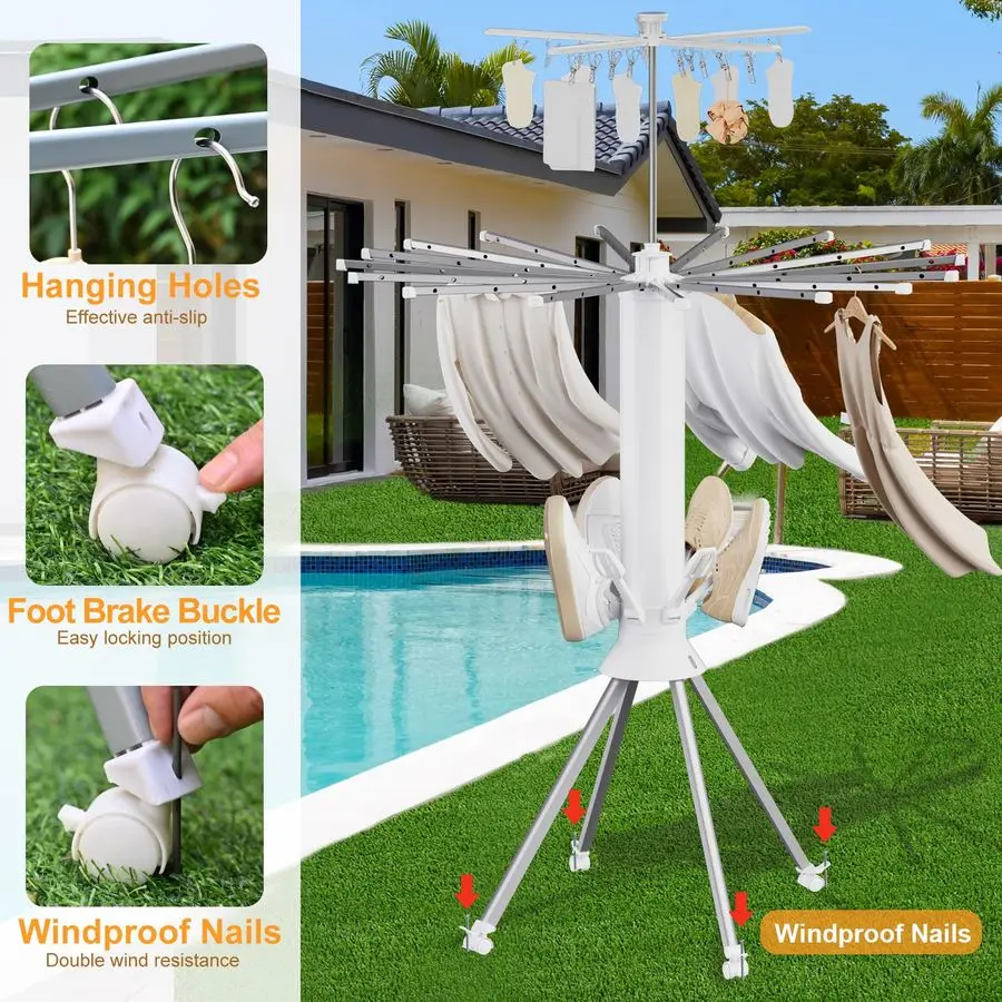 Drying Rack Foldable, 4Legged Portable Drying Rack Clothing with 20 Clips, Shoe Dryer Rack, Outdoor Laundry Drying Racks with 4