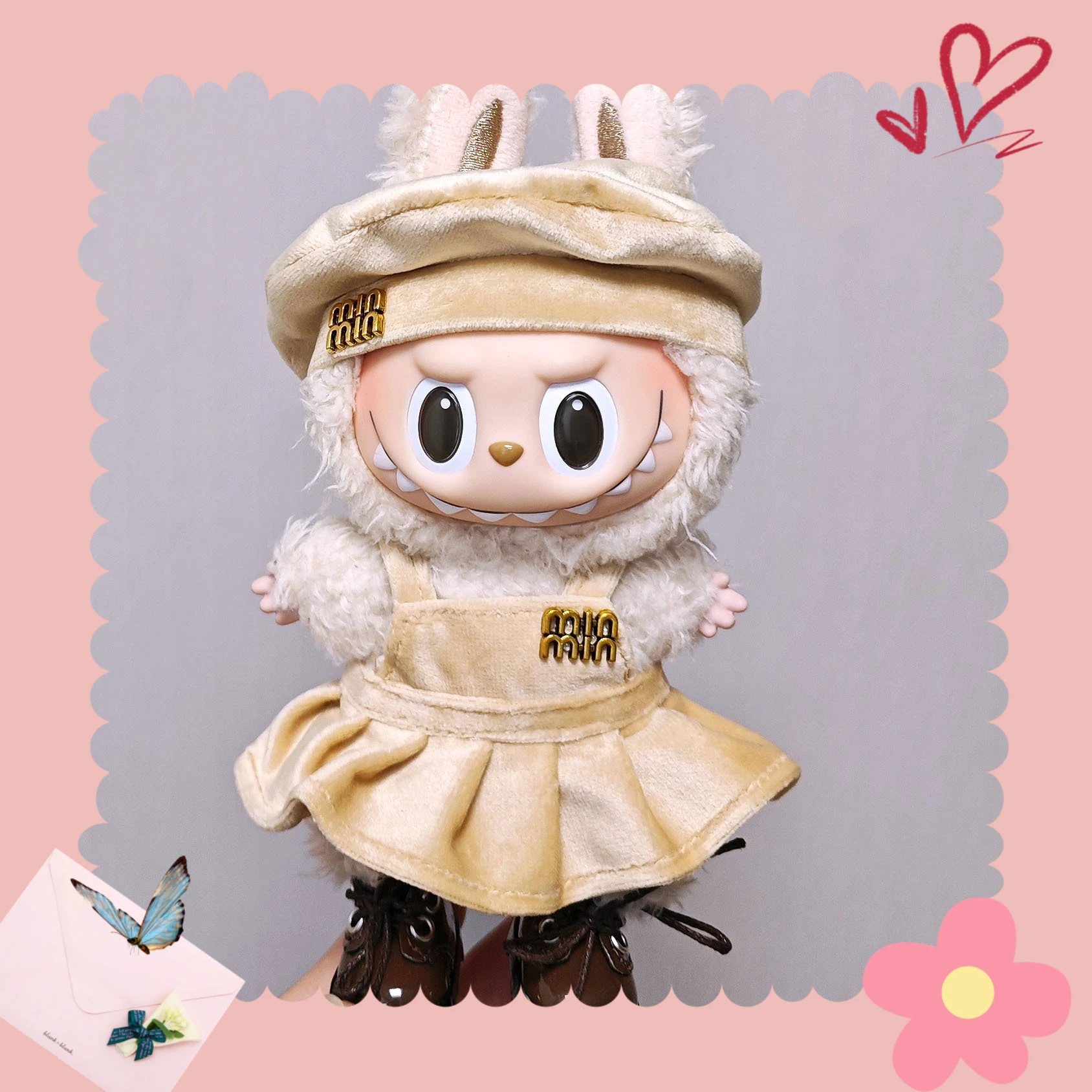 

labubu clothes Cute Velvet skirt Hat Two-piece set Kpop Idol Style Outfit, fashionable outfit labubu accessories (No dolls)