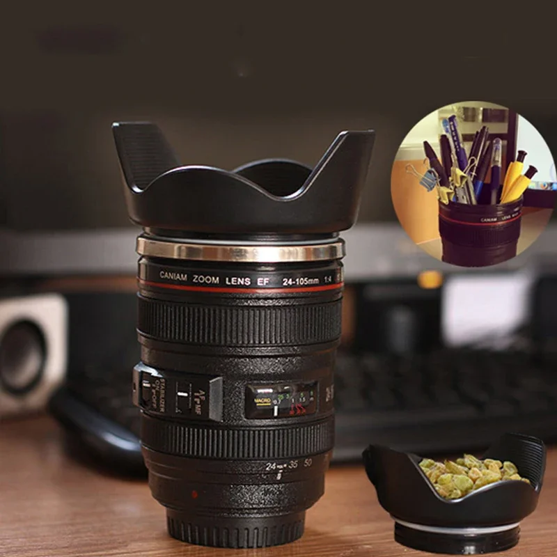 Camera Lens Coffee Mug Stainless Steel Photo Insulated Thermos Cup with Lid Photographer Gift Generation Emulation SLR Water Cup