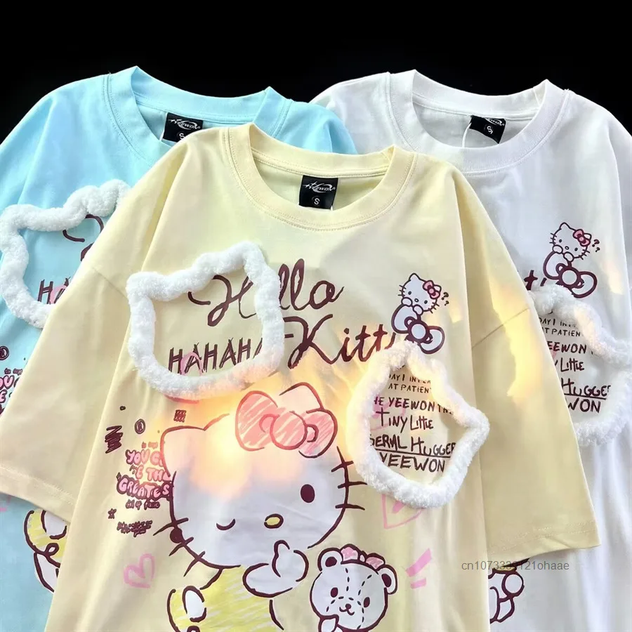 Sanrio Hello Kitty kaus longgar gaya Jepang, atasan kartun imut musim panas wanita manis Harajuku gadis manis serbaguna Y2k