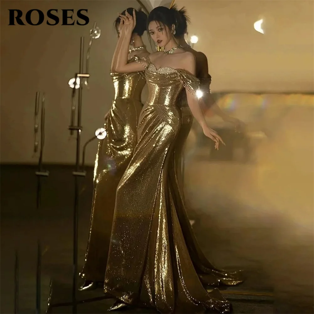 

ROSES Golden Evening Gown Off the Shoulder Prom Dress Beading On Chest Wedding Evening Dress Luxury robes de soirée Customized