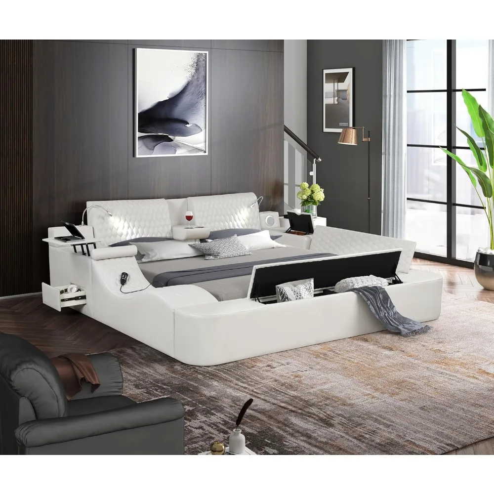 King Size Smart Bed, Multifunctional Leather Bed Frame with Massage Recliner/Adjustable Headboard/Music Speaker/USB Port/Storage