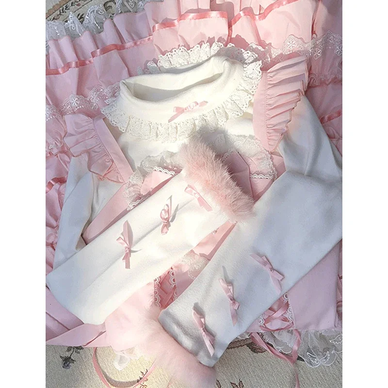 

Флисовая футболка Kawaii с бантом на осень-зиму, женская футболка в японском стиле Лолиты с кружевом из искусственного меха в стиле пэчворк, топ Y2K Cutecore, эстетичная футболка с длинным рукавом