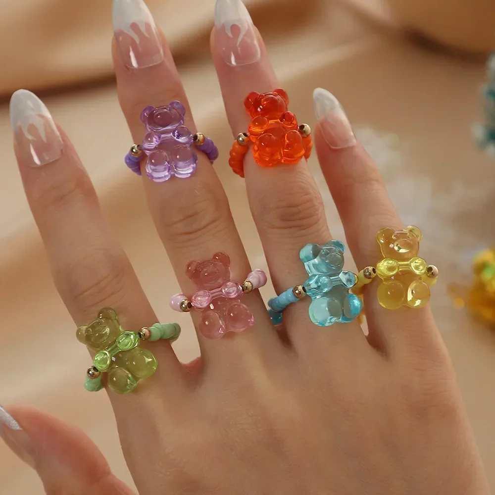 6pcs/set Gummy Bear Rings for Women Girls Candy Color Fashion Finger Rings Seed Beads DIY Cute Rings Adjustable Jewelry Gift