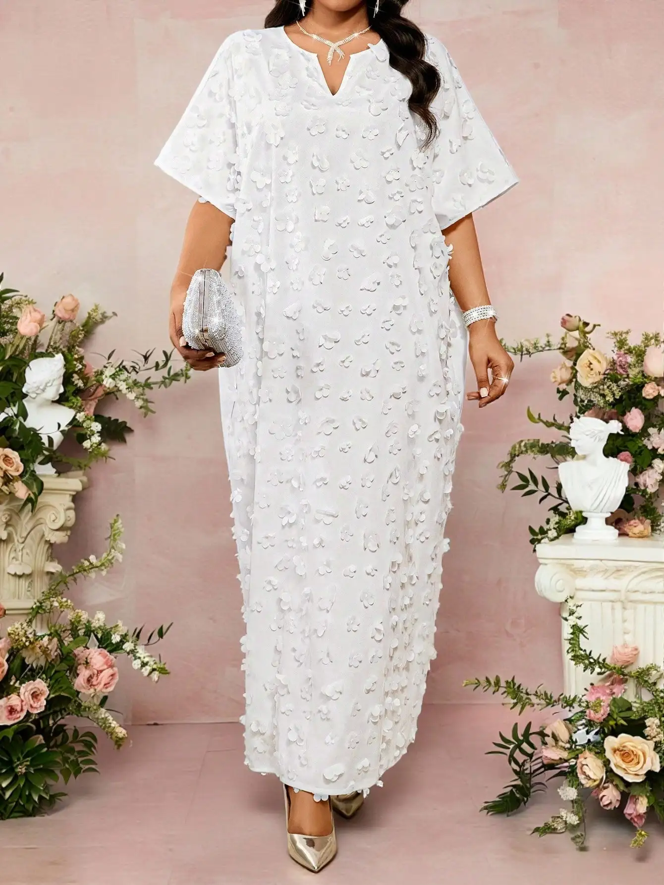 

Elegant White 3D Floral Batwing Sleeve Floor Length Tunic Dress For Women