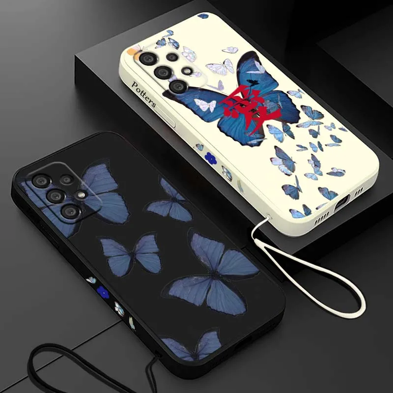 Blue butterfly fashion For Samsung Galaxy A73 A71 A55 A54 A53 A51 A17 A16 A07 A06 A05 Liquid Left Rope Phone Case Cover