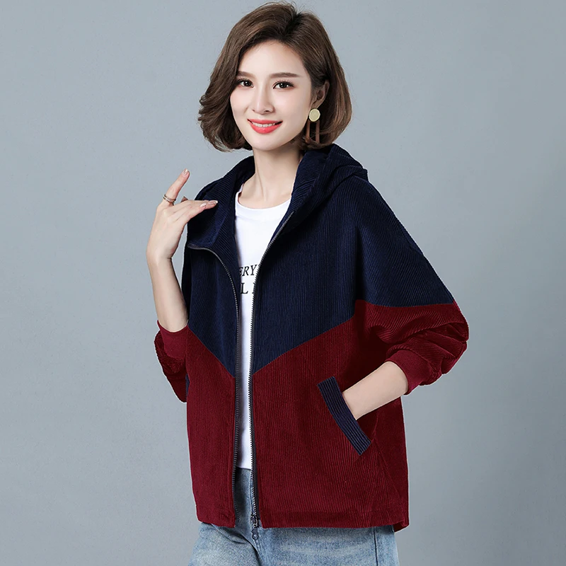 Women's Short Coat 2024 New Spring Autumn Corduroy Windbreaker Jacket Female Korean Loose Stitching Hooded Mom Casual Jacket