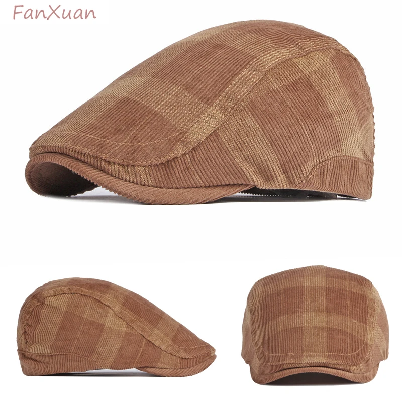 

Autumn Winter Beret Hats for Men Women Plaid Corduroy Vintage Caps for Men