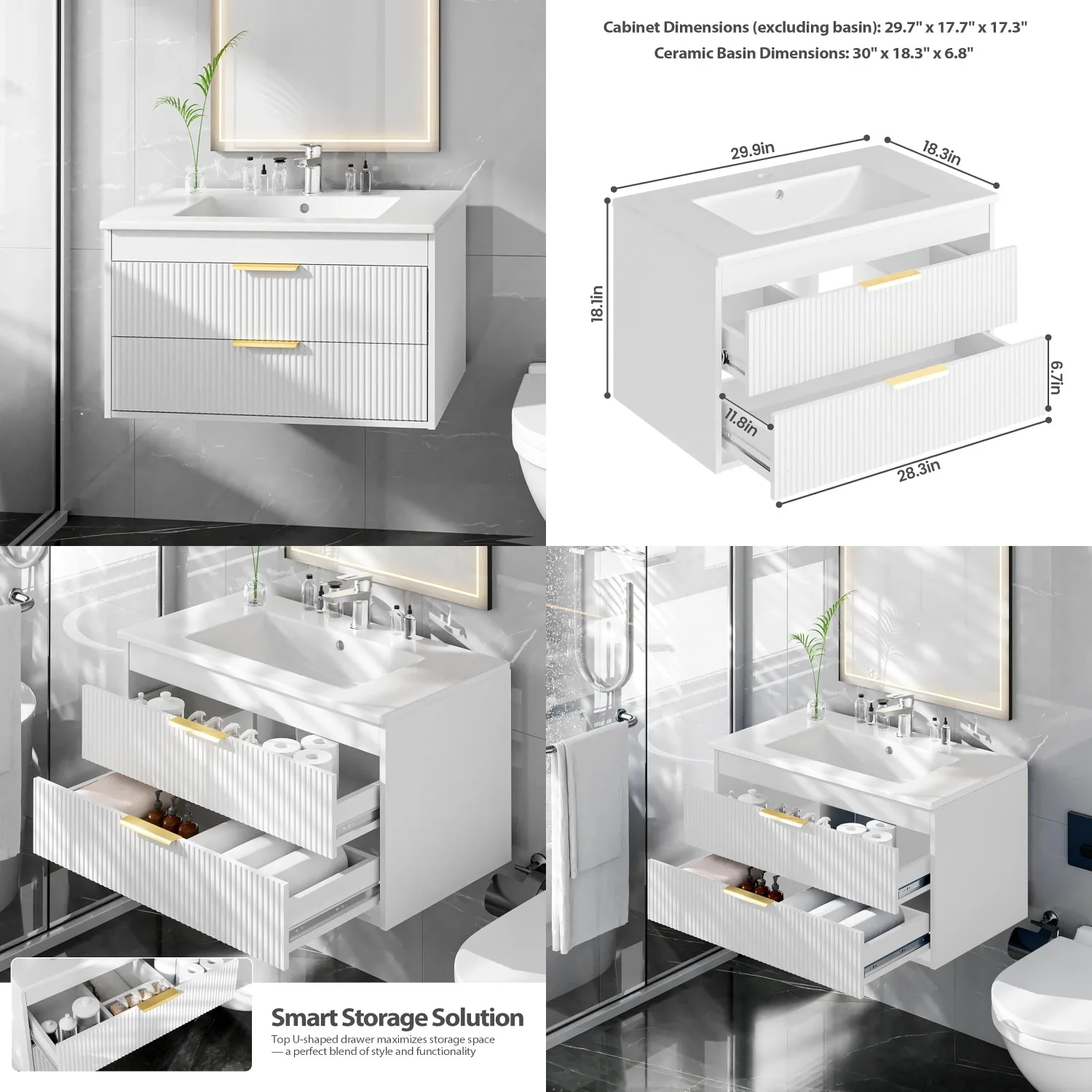 

30" Wall-Mounted Vanity Ceramic Sink 2 Drawers LED Light Small Bathroom, Customized
