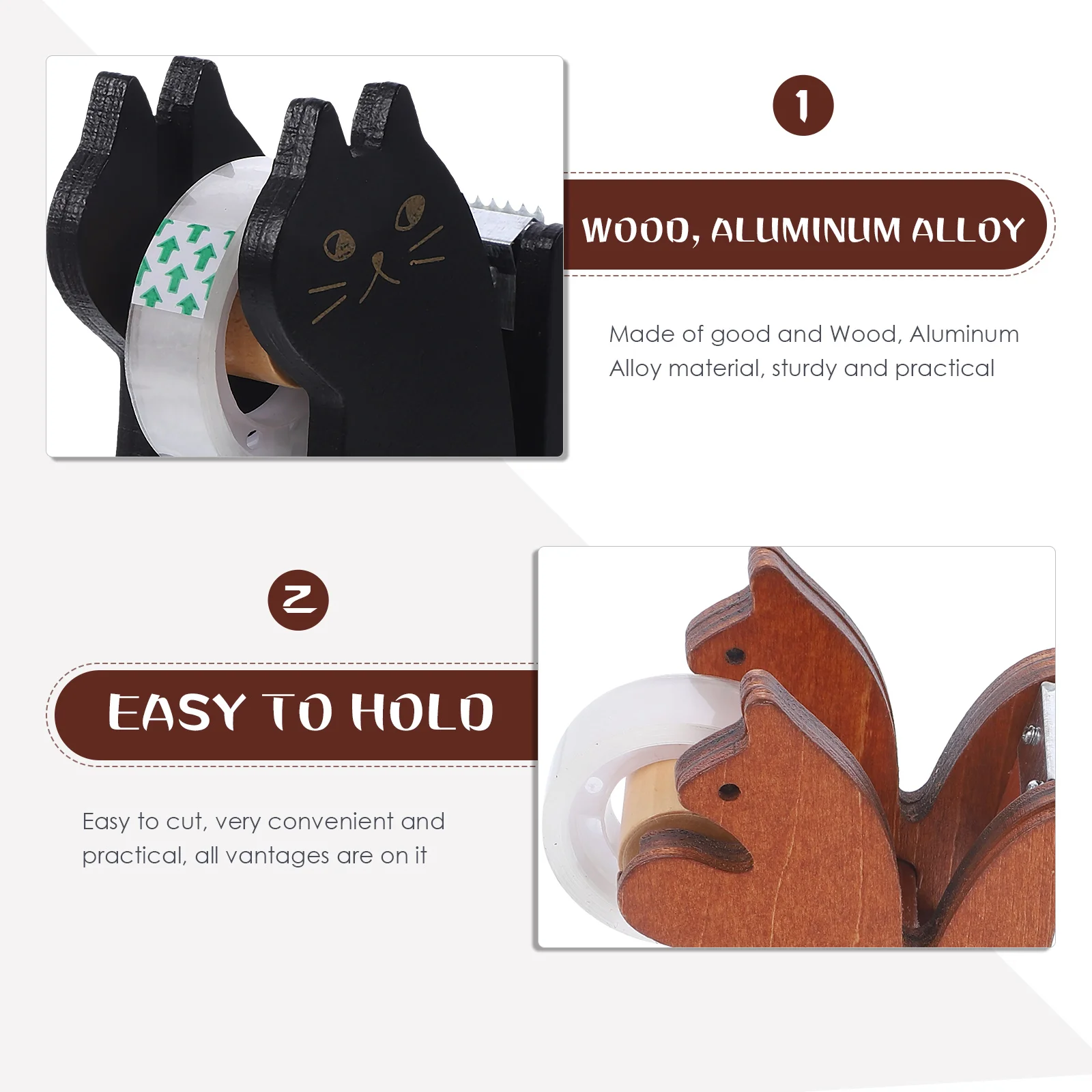 

2 Pcs Cartoon Animal Tape Holder Dispenser Stand Small Cute Desk Desktop Wooden Squirrel