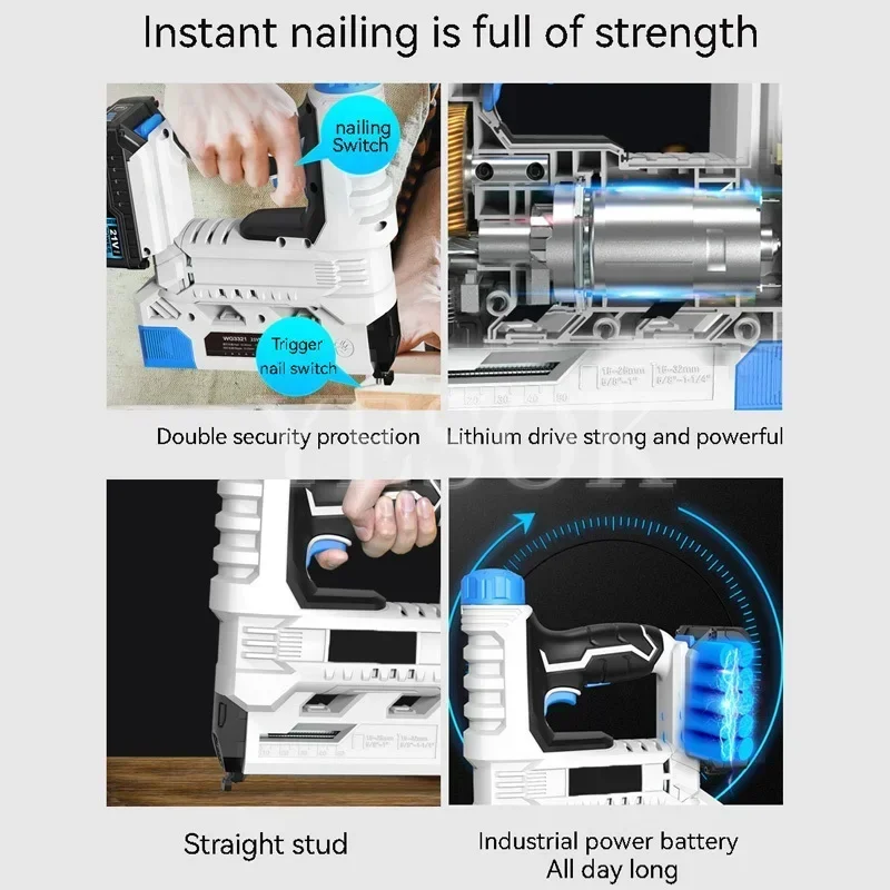 Electric Nailer Rechargeable Nail Gun Tools Stapler For Frame Staples Woodworking DIY Power Tool Electric Shoot Nailer 2.0/6.0AH