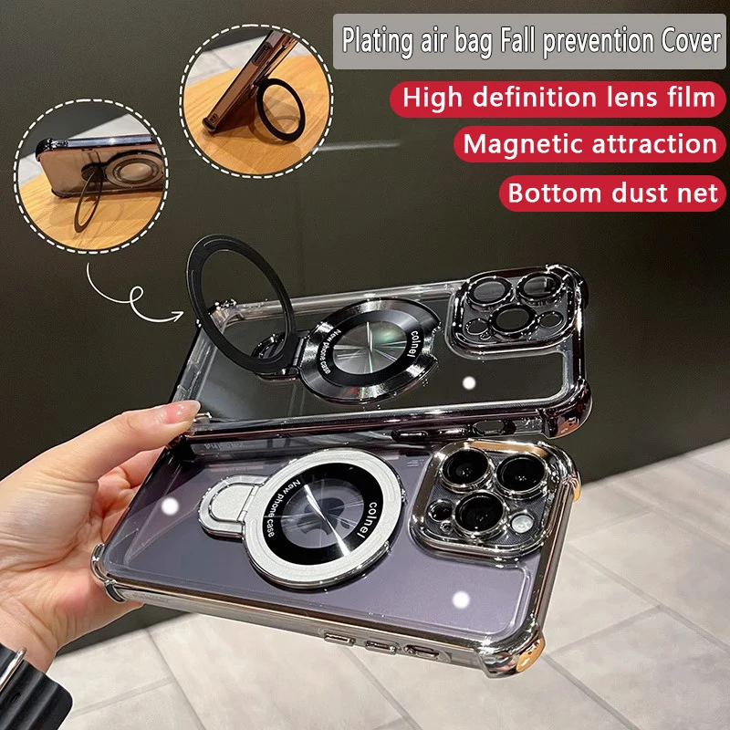 

16 Pro Max Fashion Plating with Bracket Case for iPhone 16 15 14 13 12 11 Pro Max Plus Airbag Anti Fall Magsafe Magnetic Cover