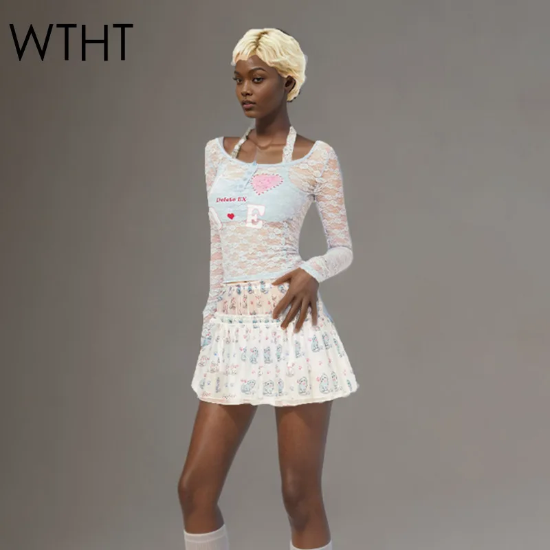 

WTHT Trendy Women's Letter Print Hollow Out Lace Tops Fashion Double Waist A-line Mesh Mini Skirt Female 2025 Summer 1LS1485