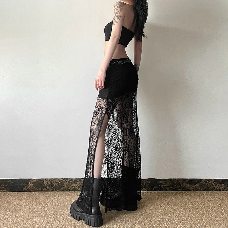 Goth Dark Lace Patchwork Long Skirt Mall Gothic Coquette High Waist Bodycon Skirts Sexy Sheer Hem Split Bottoms Elegant Techwear