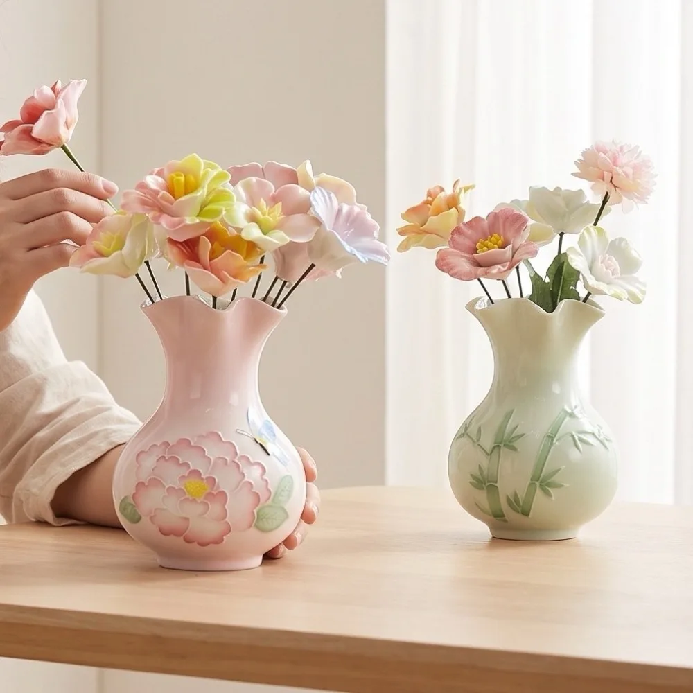 Embossed Floral Ceramic Vase Pastel Color Relief Peony Bamboo Pattern Vase Nordic Home Tabletop Decorative