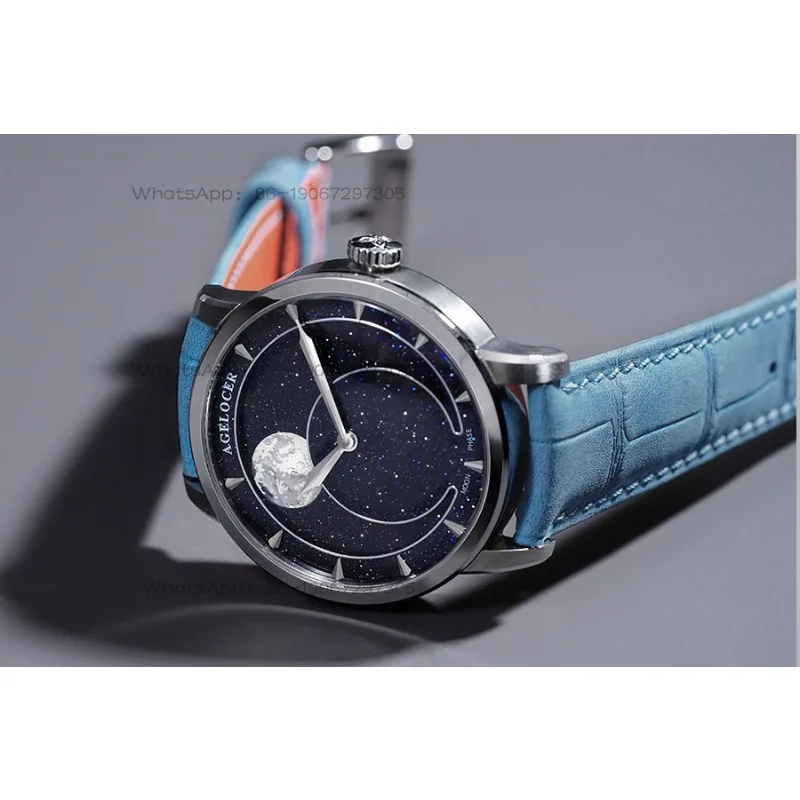 

zzz`AGELOCER оригинальные часы 29,51 Days Blue с авантюрином и фазой Луны, подарок на день рождения для мужчин