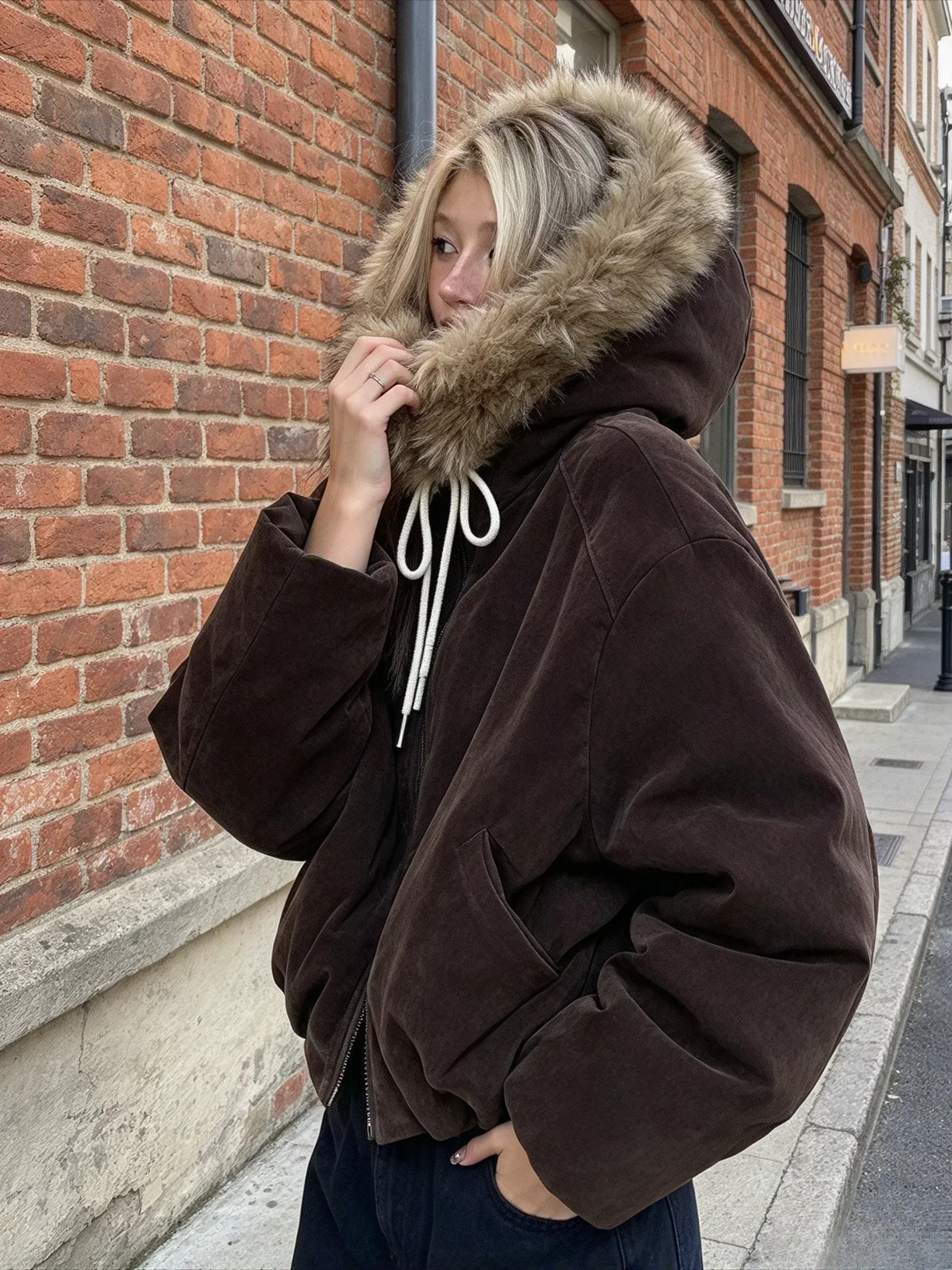 Vintage Corduroy Quilted Coat Faux Fur Neck Trim Full Zip Drawstring Waist Oversized Warm Winter Jacket