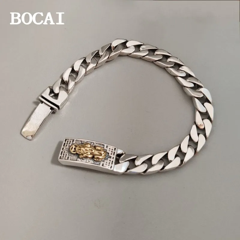 

BOCAI New S925 Silver Retro Personalized Ethnic Style Contrasting Colors Minimalist Fashionable PiXiu Cuban Bracelet Men's