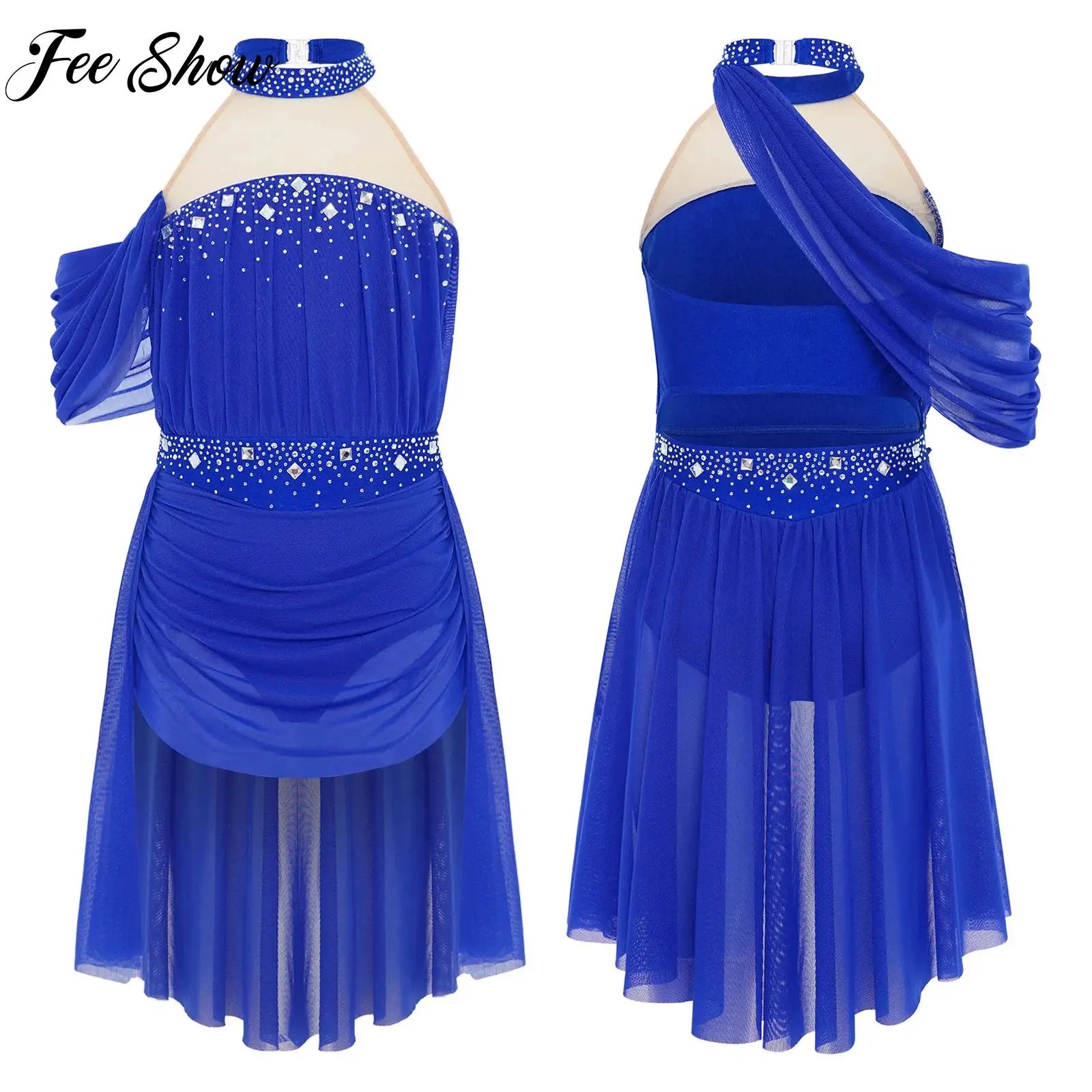 

Child Girls Ballet Dress Lyrical Modern Dance Clothes Halter Backless Rhinestones Ruched Mesh Drape Dress for Performance Party