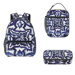 Blu ornato floreale mediterraneo siciliano piastrelle zaini Bookbag studenti borse da scuola zaino pranzo borsa penna Set tre pezzi