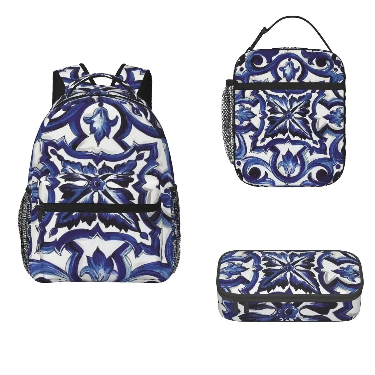 Blue Ornate Floral Mediterranean Sicilian Tile Backpacks Bookbag Students School Bags Rucksack Lunch Bag Pen Bag Three-Piece Set