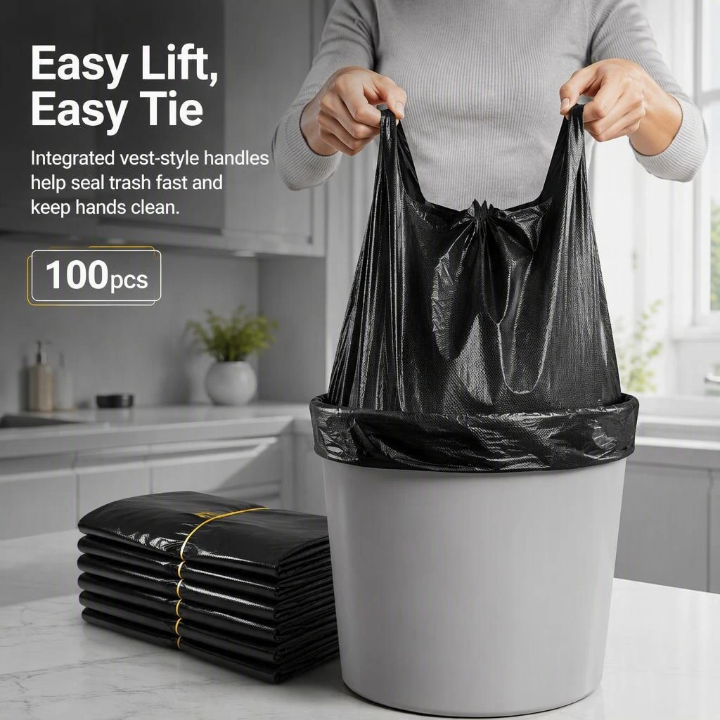 32x52cm Black Vest Type Trash Bags with Handle, Disposable Garbage Bags for Home Office Bathroom Daily Cleaning, Waste Liners