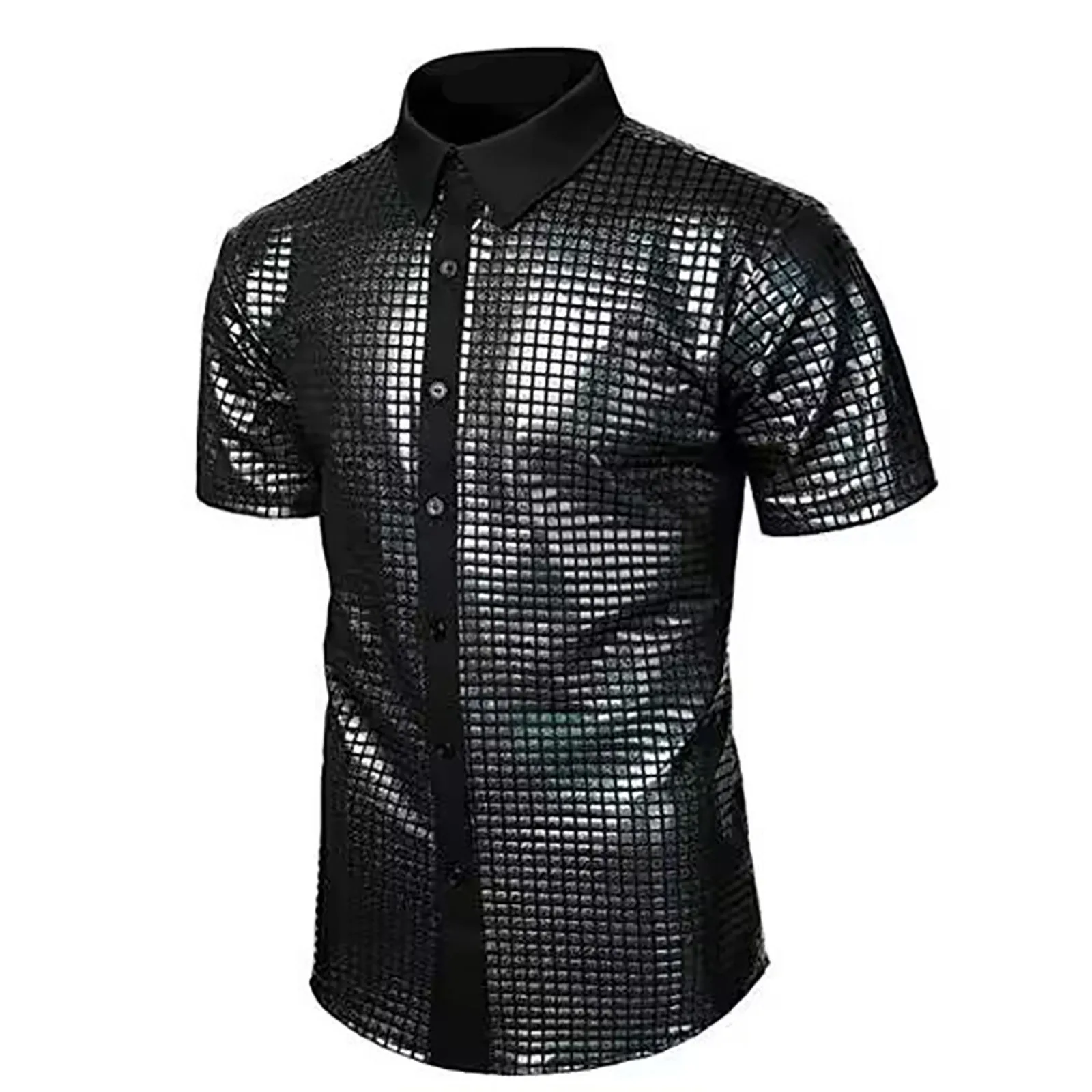 

Fashion Sequins Shirt Mens Summer Shiny Short Sleeve Turn Down Collar Shirts Fitness Slim Evening Party Nightclub Outerwear Male