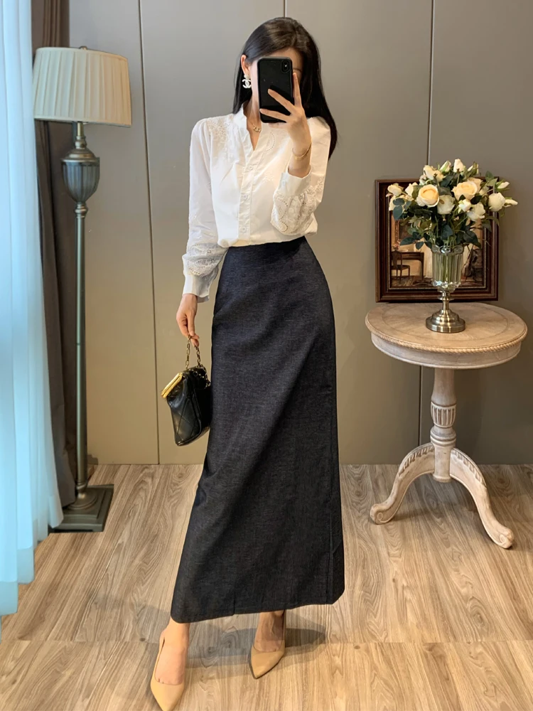 

Retro Korean Sle White irt f Skirt Two-Piece Set Long Sve Autumn Dr Women's New 2025 Breathable Casual Faion