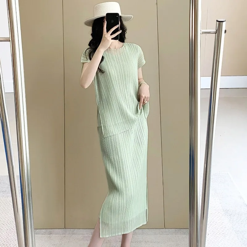  Pleated T-Shirt 2026 Summer Double-Layer Mesh Short-Sleeve Top Women's Stretch Skirt Simple Elegant Draped Commuter Set image 5