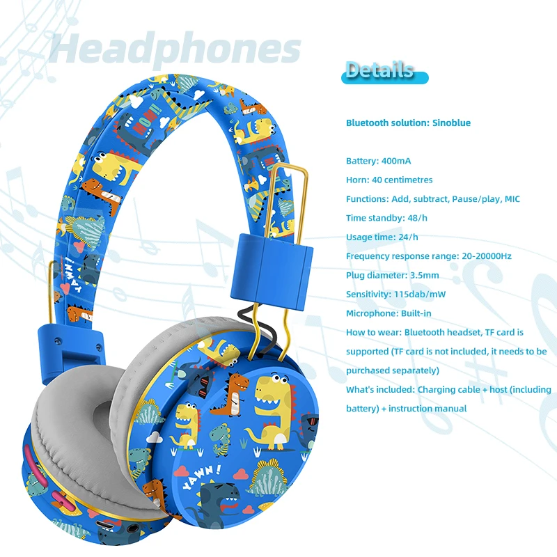 Wireless Bluetooth headphones with Microphone Dinosaur Boys Girls Stereo Music Earpiece dinosaur Headphones for Kids eadphones