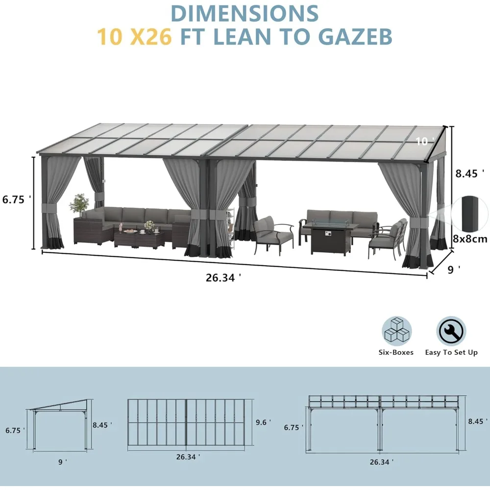 10’ x 28’ Gazebo, Wall Mount Gazebo Outdoor Pergola, Hardtop Lean to Gazebo Canopy Awnings with Sloped Roof and Sturdy Steel