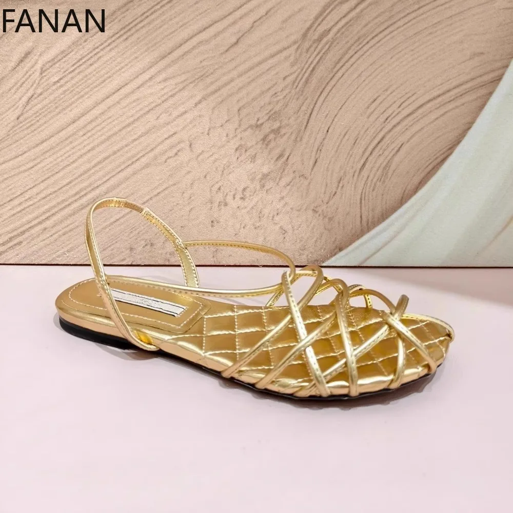 2025 New Woven Hollowed-out Roman Sandals Shoes Women's Summer Gold Flats Vacation Casual Low heel Slippers