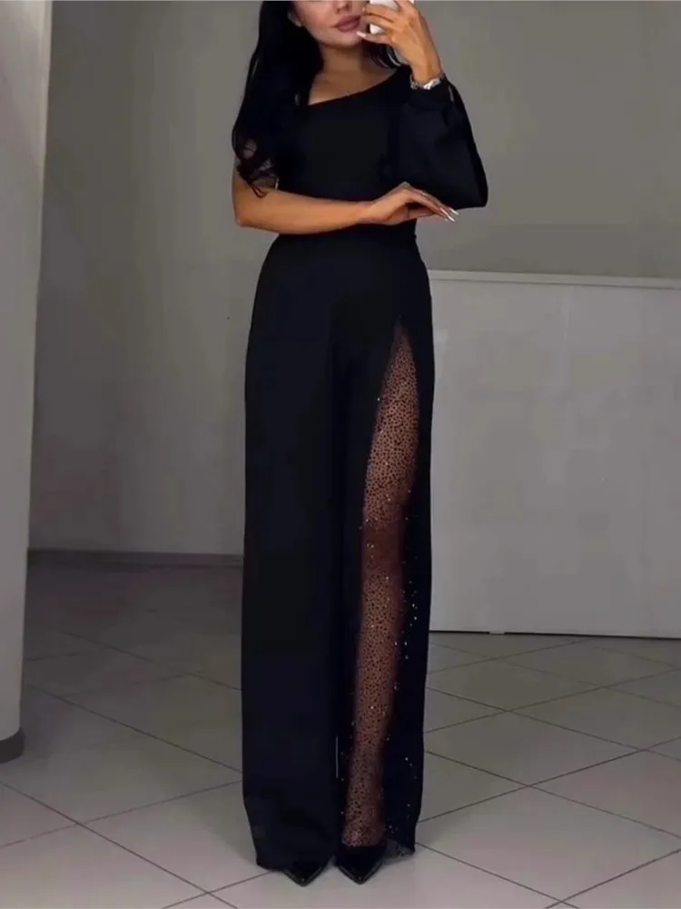 

Fashionable Sloped Collar Single Sleeve Jumpsuit For Women Sexy High Slit Lace Hollow Loose Casual Elegant Jumpsuits Female 2025