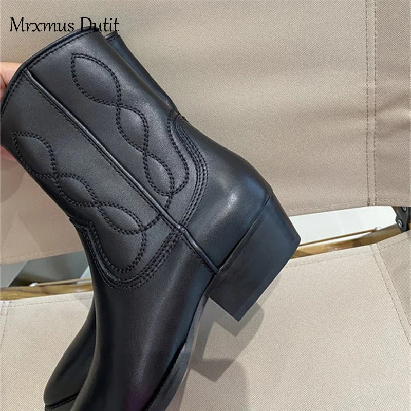 Mrxmus Dutit 2023 Autumn Winter Fashion New Women Genuine Leather Boots Rough Heel Pointed Head Simple Casual Vintage Female