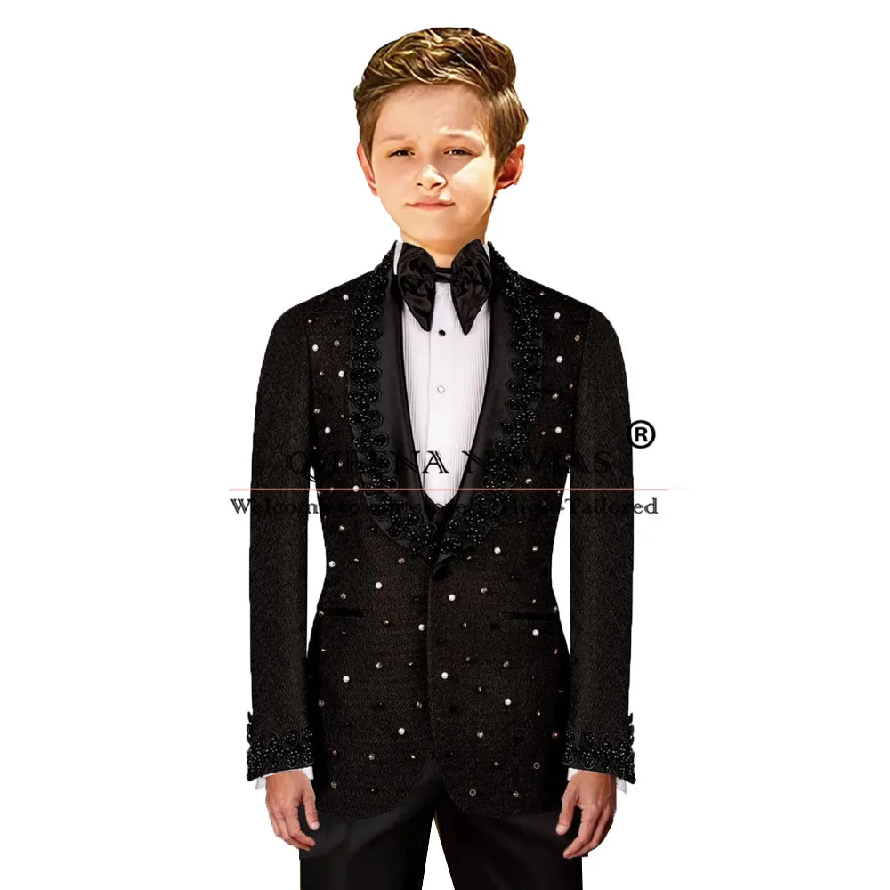 Luxury Floral Boy's Suits Colorful Beaded Prom Blazer Tailor-made Single Breasted Jacket Vest Pants 3 Pieces Children Clothing