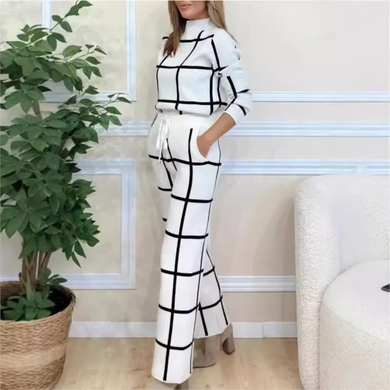 Autumn Winter Fashion Semi High Neck Long Sleeve Plaid Trousers Women Suit Slim Pants Pocket Female Elegant Office 2 Piece Set 