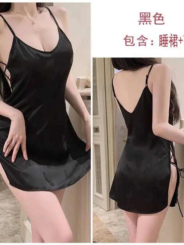 Casaul 실키 새틴 스위트 버터플라이 프린트 핫 스트랩 스플릿 가더드 체스트 패드 나이트드레스 홈웨어 솔리드 컬러 드레스 우아한 5Z0U