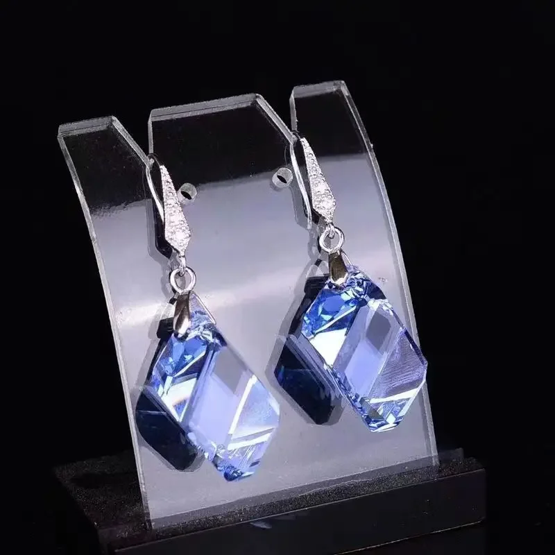 Manufacturer's direct supply of Austrian blue crystal earrings, oblique three-dimensional Ling shaped long earrings, ear hooks